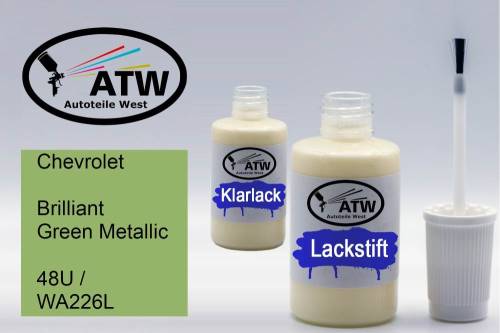 Chevrolet, Brilliant Green Metallic, 48U / WA226L: 20ml Lackstift + 20ml Klarlack - Set, von ATW Autoteile West.